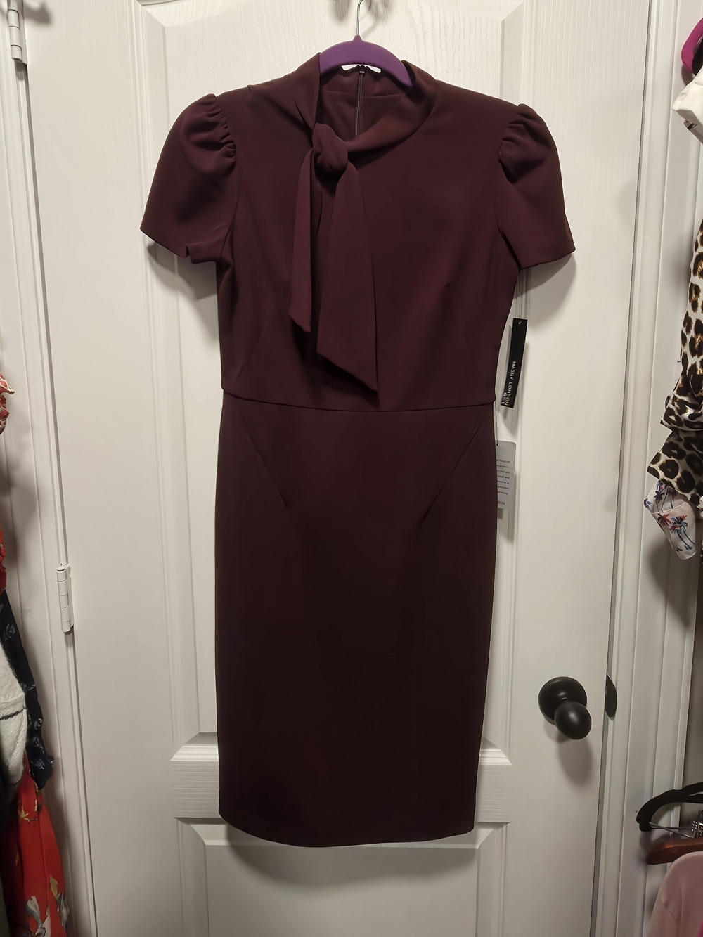 Maggy London Bow-Neck Sheath Dress in Deep Burgundy